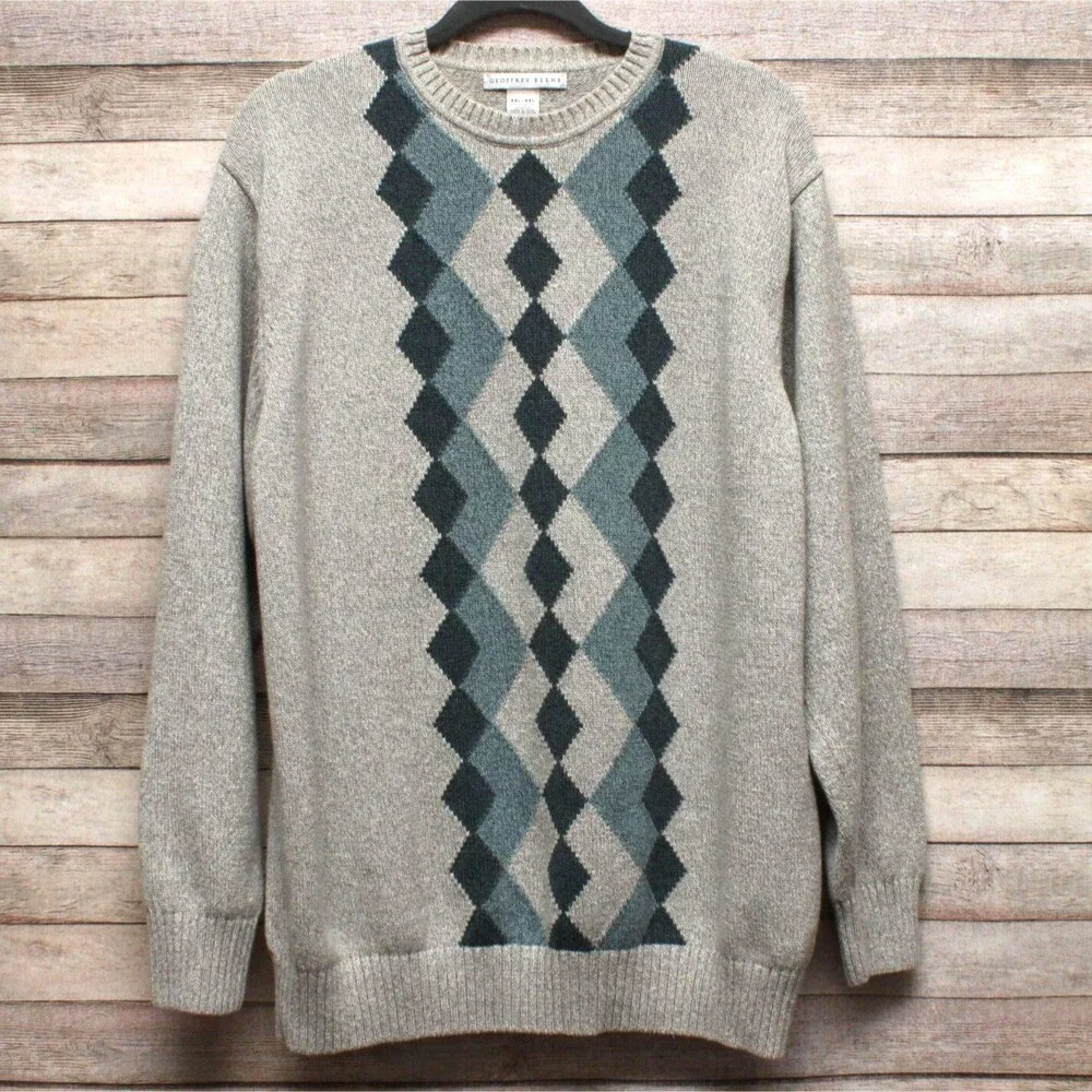 Geoffrey Beene Mens XXL Gray Argyle Sweater Cotton